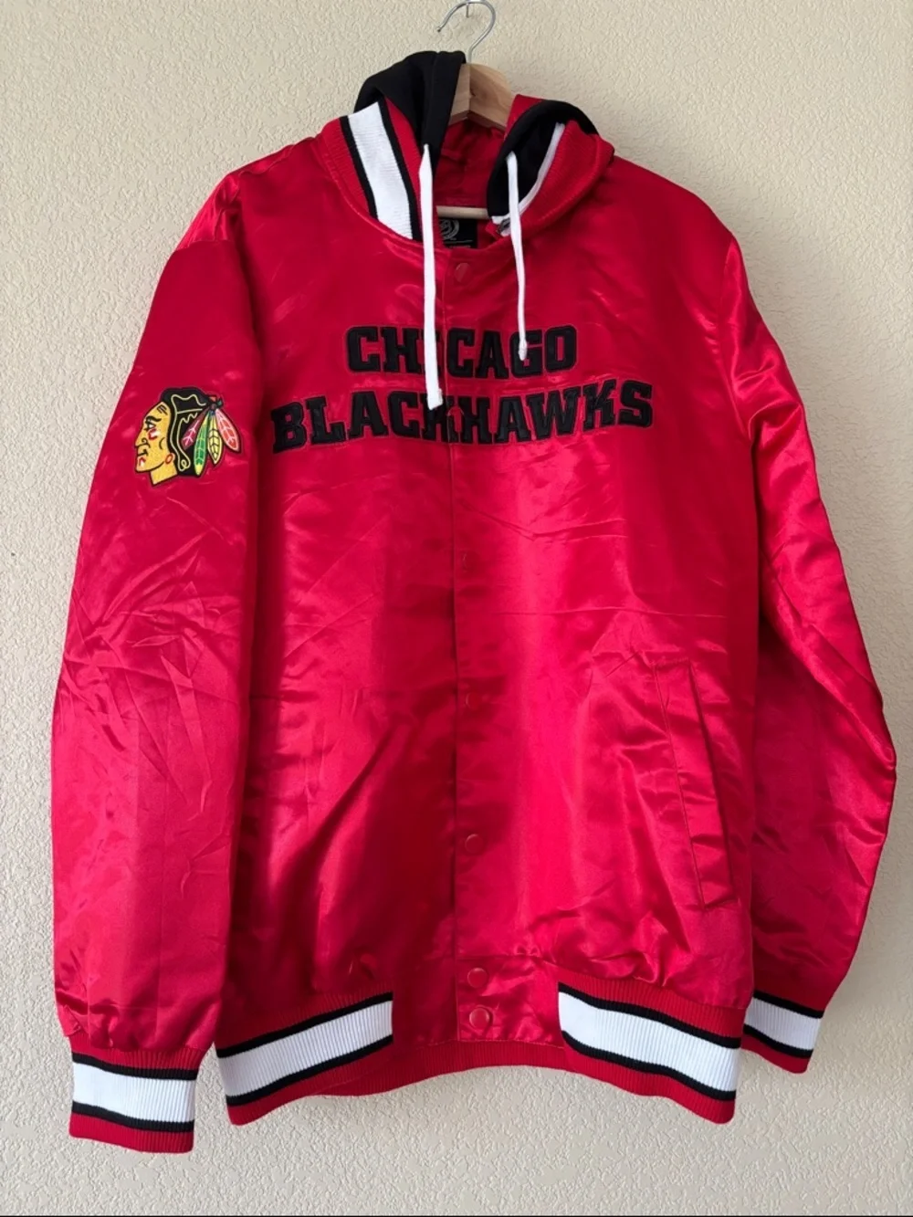 NHL Red and Black Satin Team Jacket with Bold Appliqué- NWT